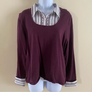 Vintage East 5th Burgundy Purple Button Up Faux Double Blouse Sze XL Extra Large